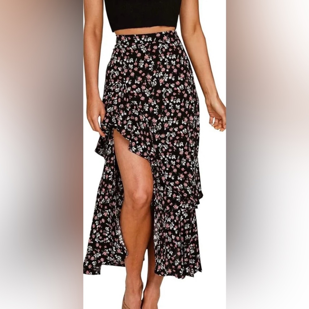Floral Ruffle Maxi Skirt - Black with Pink & White Flowers